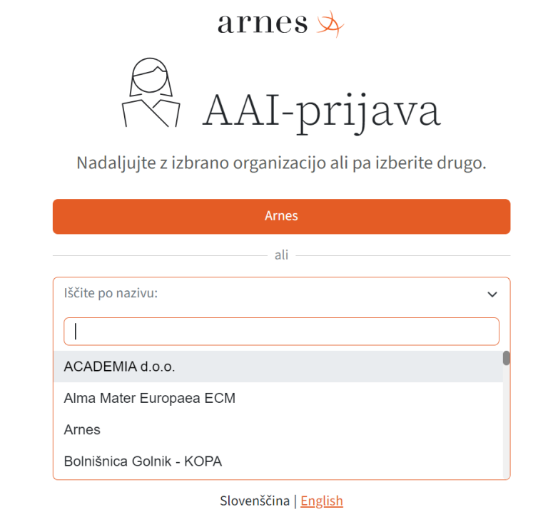 Slika prikazuje izbiro organizacije pri prijavi z Arnes AAI